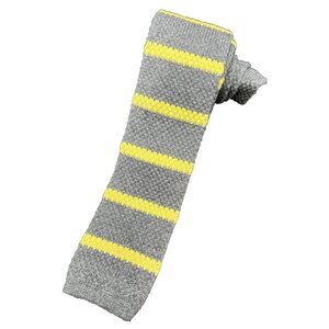 Square End J.Crew Knit Men's Tie 100% Cotton Gray Yellow Striped Pattern EUC